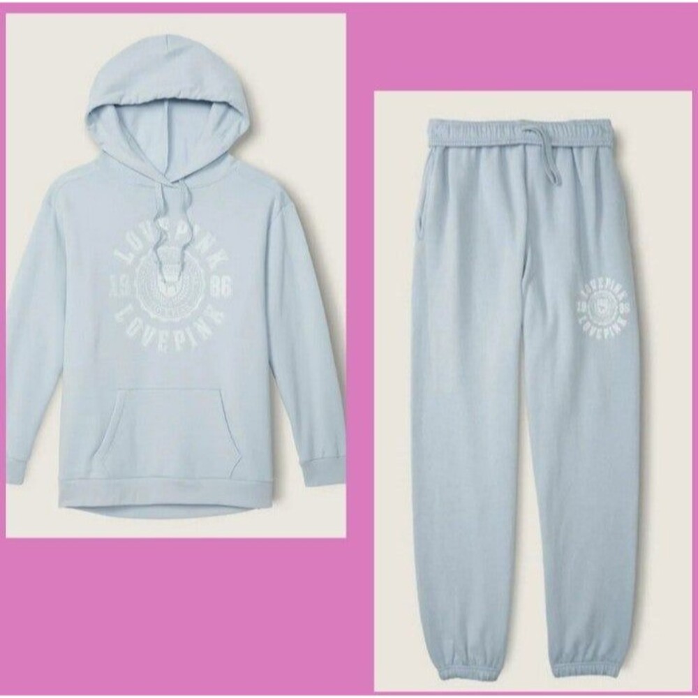 VS PINK OUTFIT BLUE FOG SET HOODIE PANTS CAMPUS L